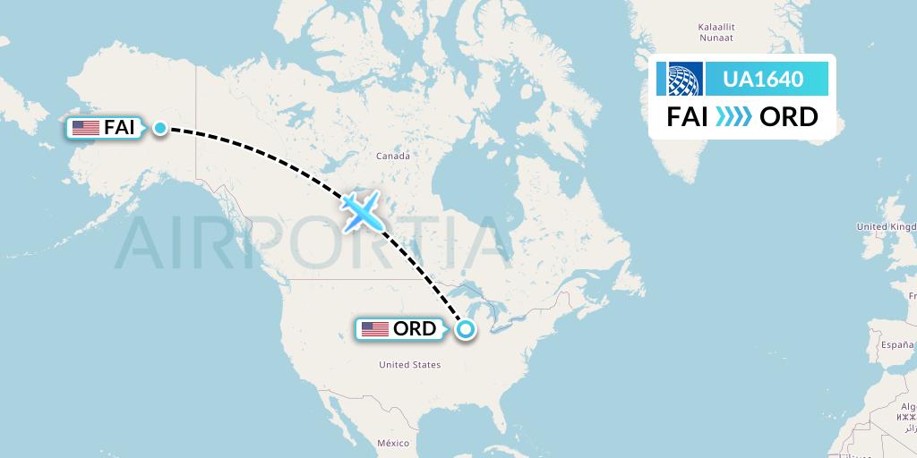UA1640 United Airlines Flight Map: Fairbanks to Chicago