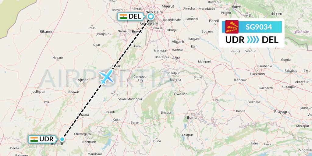 SG9034 SpiceJet Flight Map: Udaipur to Delhi