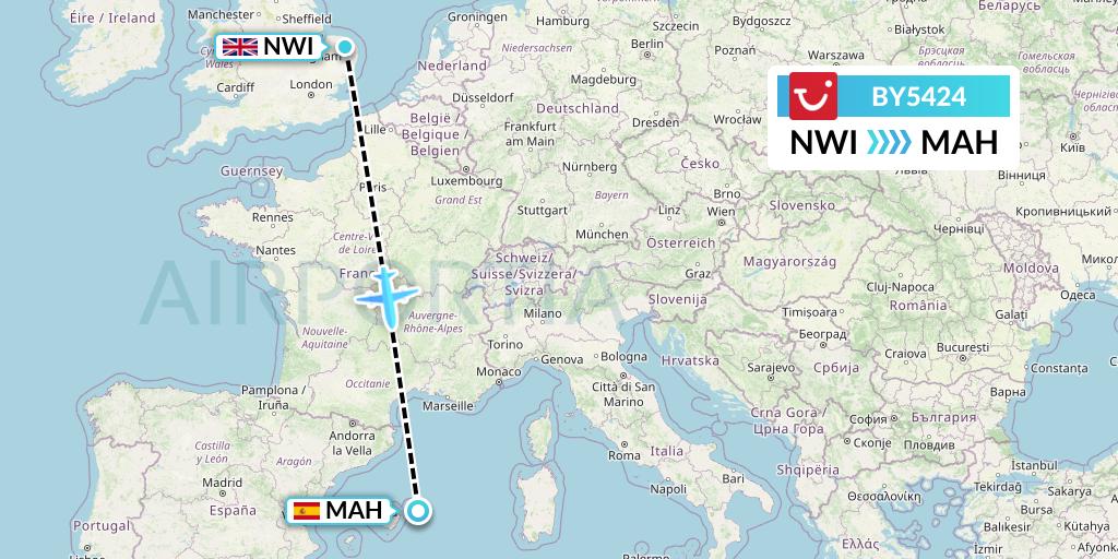 BY5424 TUI Airways Flight Map: Norwich to Mahon