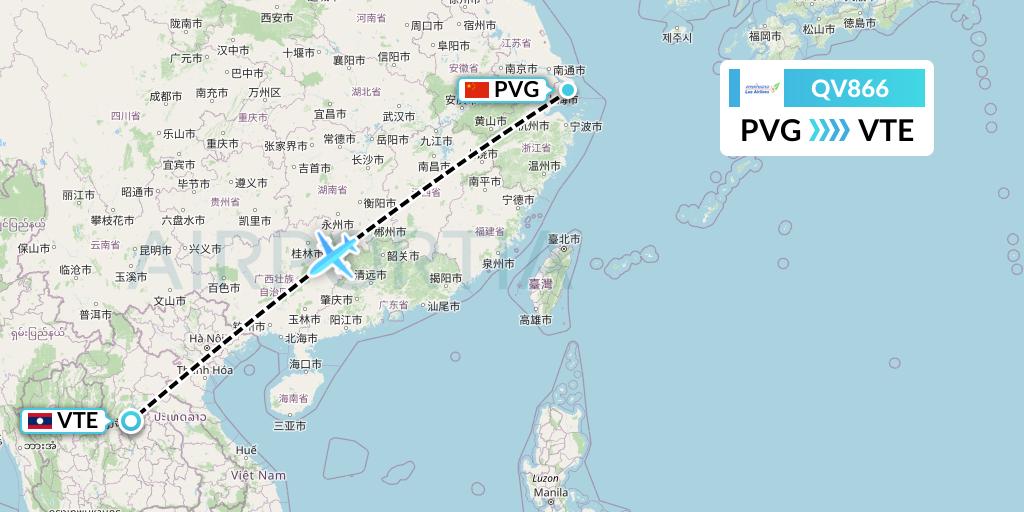 QV866 Lao Airlines Flight Map: Shanghai to Vientiane