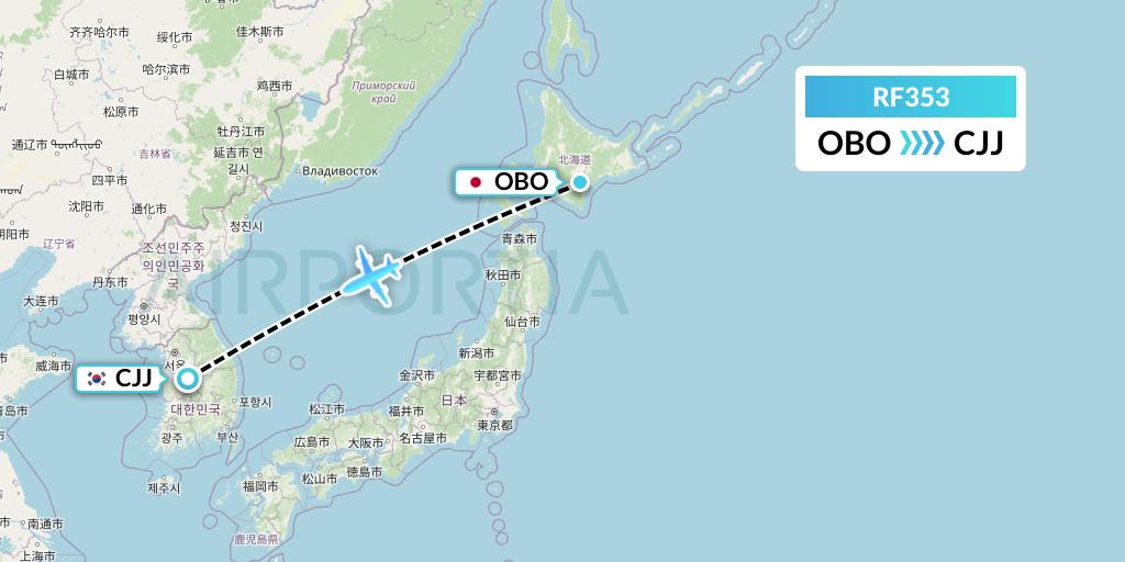 RF353 Aero K Airlines Flight Map: Obihiro to Cheongju