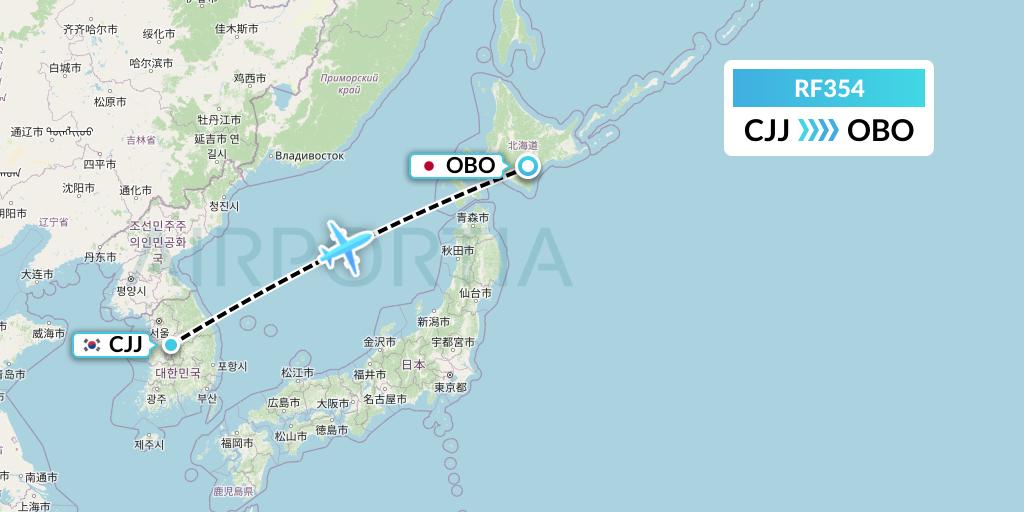 RF354 Aero K Airlines Flight Map: Cheongju to Obihiro