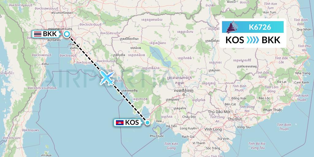 K6726 Cambodia Angkor Air Flight Map: Sihanoukville to Bangkok