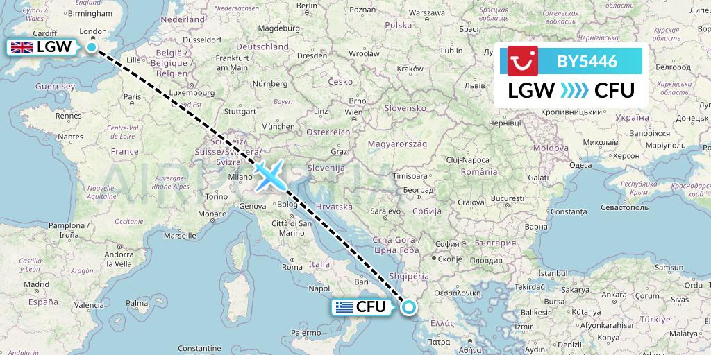 BY5446 TUI Airways Flight Map: London to Corfu