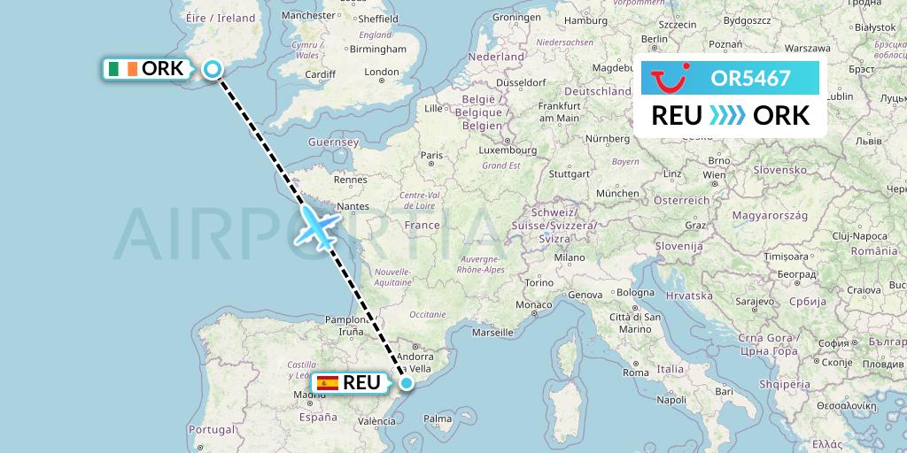 OR5467 TUI fly Netherlands Flight Map: Reus to Cork
