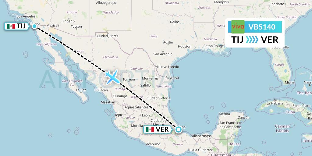 VB5140 VivaAerobus Flight Map: Tijuana to Veracruz