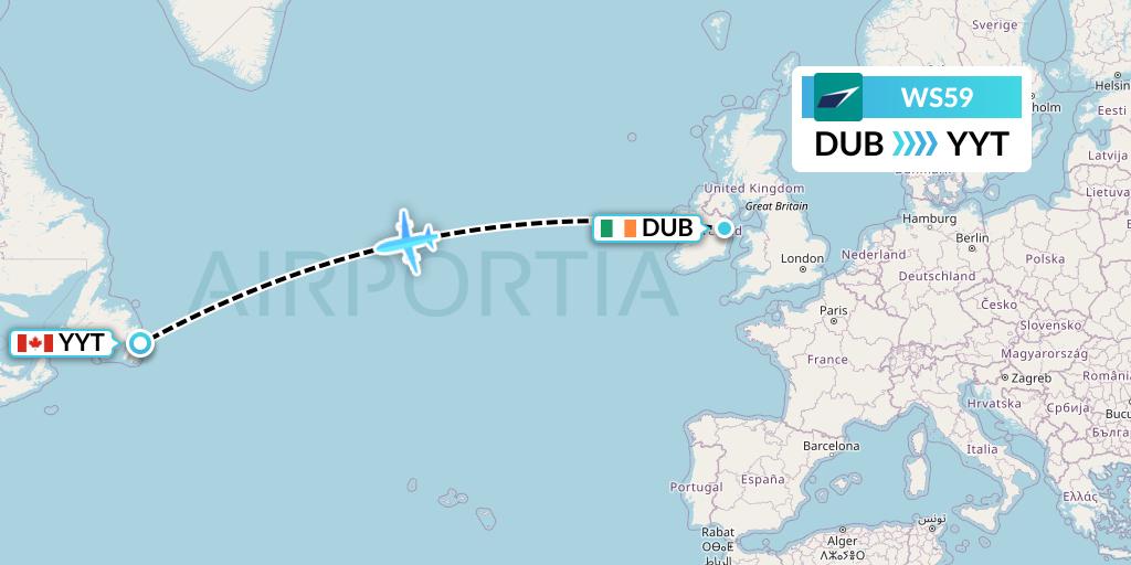 WS59 WestJet Flight Map: Dublin to St. John's