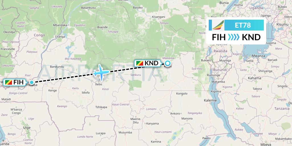 ET78 Ethiopian Airlines Flight Map: Kinshasa to Kindu
