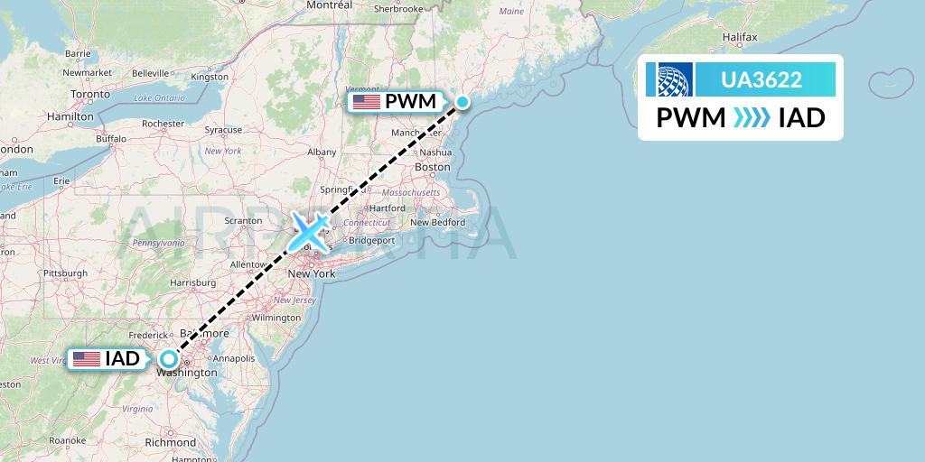 UA3622 United Airlines Flight Map: Portland to Washington