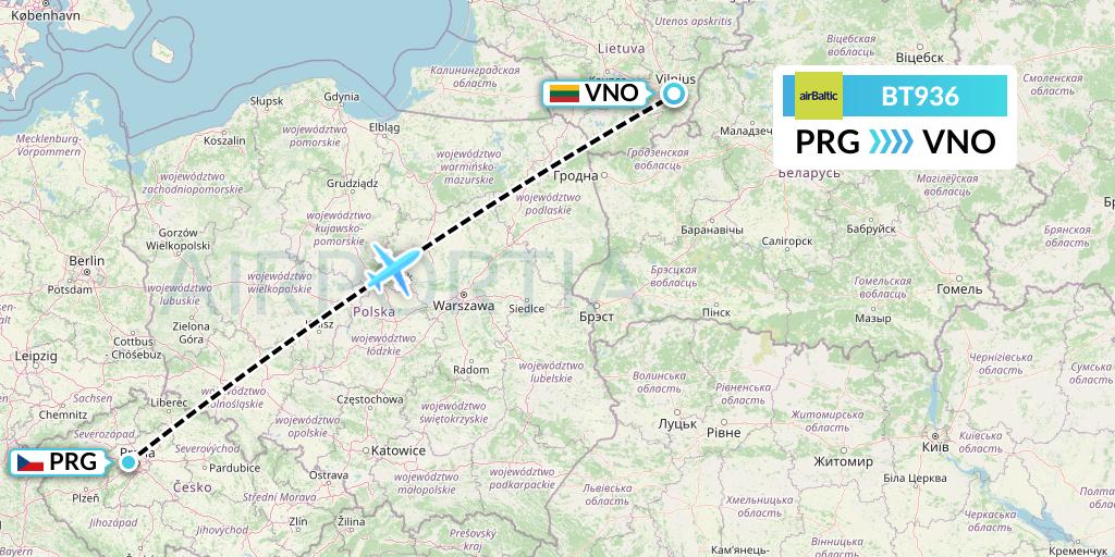 BT936 Air Baltic Flight Map: Prague to Vilnius