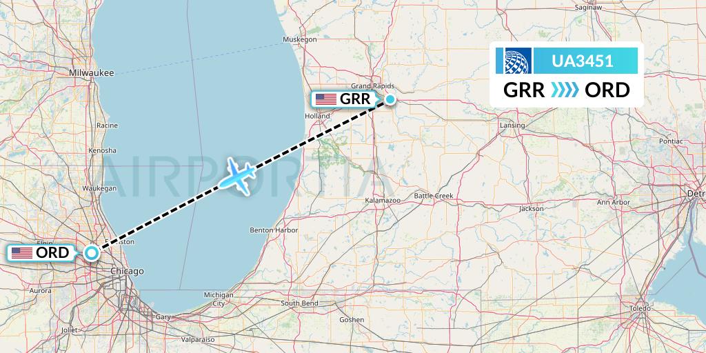 UA3451 United Airlines Flight Map: Grand Rapids to Chicago