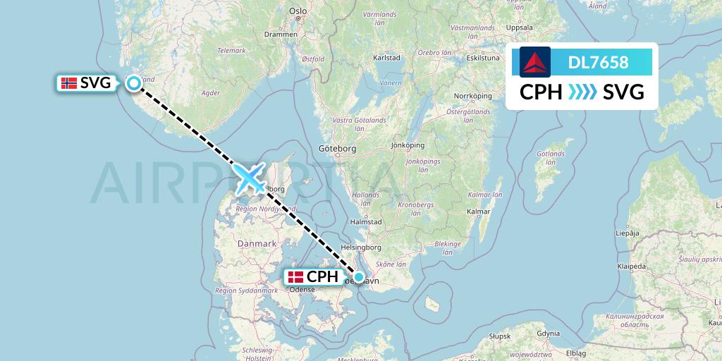 DL7658 Delta Air Lines Flight Map: Copenhagen to Stavanger