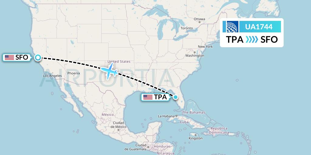 UA1744 United Airlines Flight Map: Tampa to San Francisco