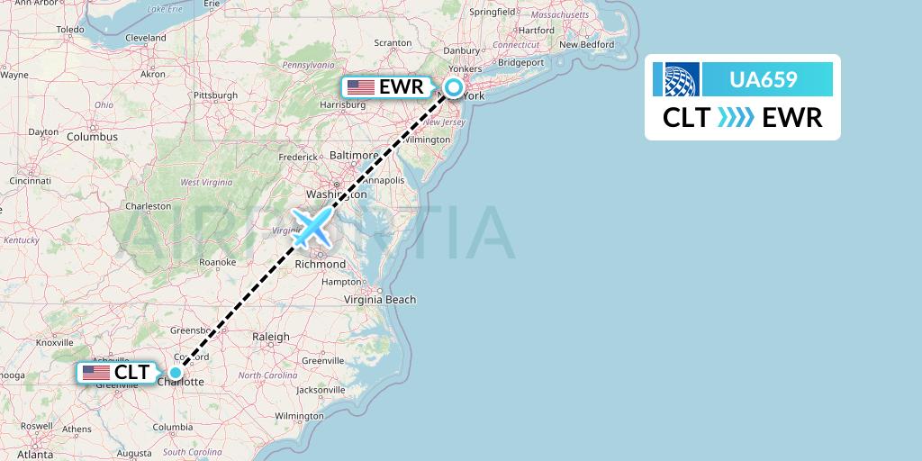 UA659 United Airlines Flight Map: Charlotte to New York