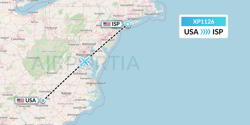XP1126 Avelo Airlines Flight Map: Concord to Islip