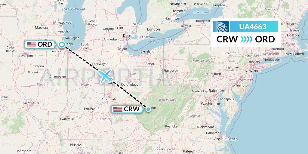 UA4663 United Airlines Flight Map: Charleston to Chicago