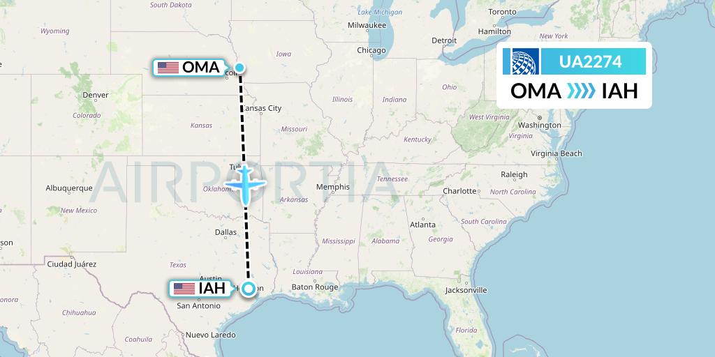 UA2274 United Airlines Flight Map: Omaha to Houston