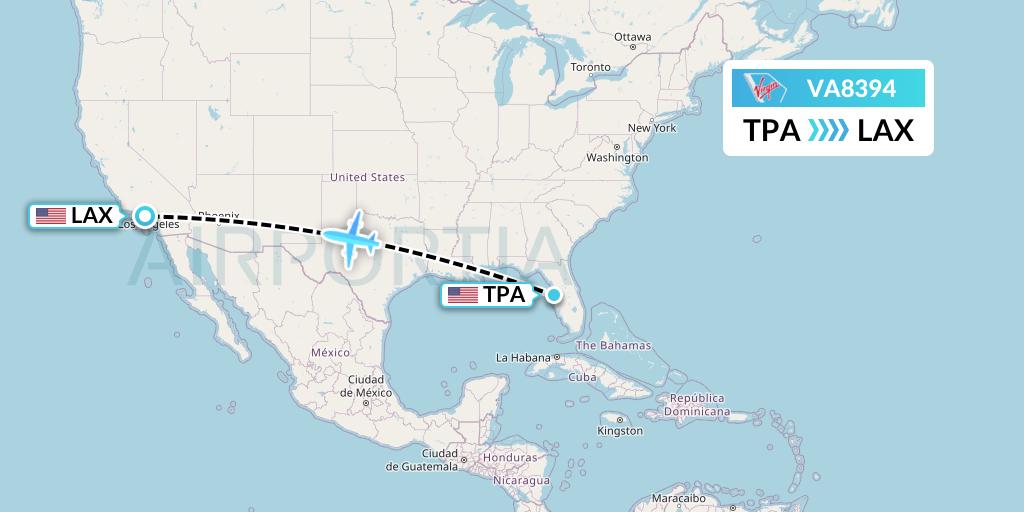 VA8394 Virgin Australia Flight Map: Tampa to Los Angeles