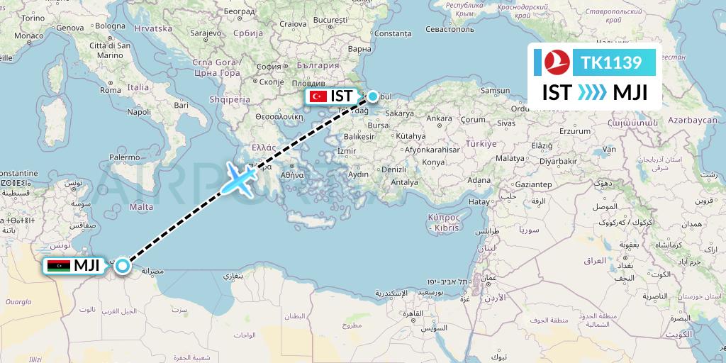 TK1139 Turkish Airlines Flight Map: Istanbul to Tripoli