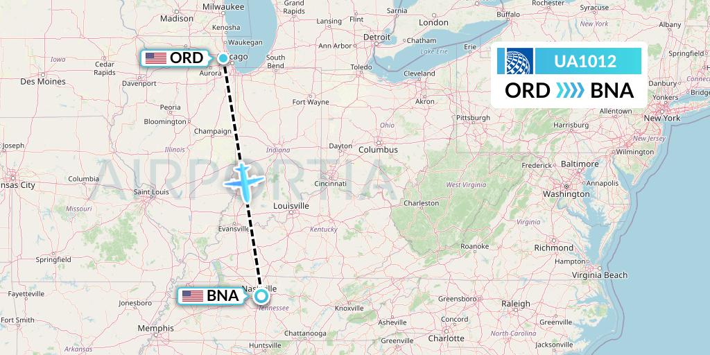 UA1012 United Airlines Flight Map: Chicago to Nashville