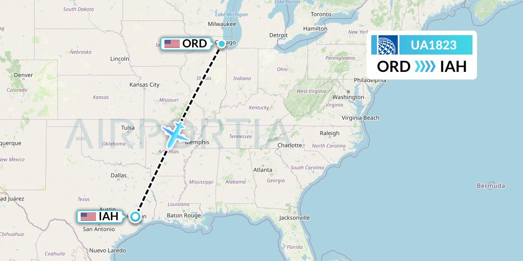 UA1823 United Airlines Flight Map: Chicago to Houston