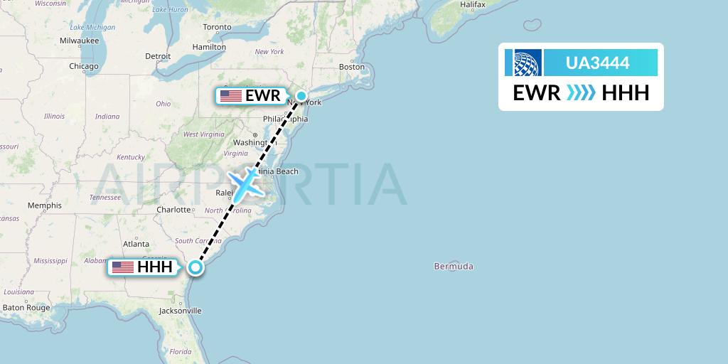 UA3444 United Airlines Flight Map: New York to Hilton Head Island