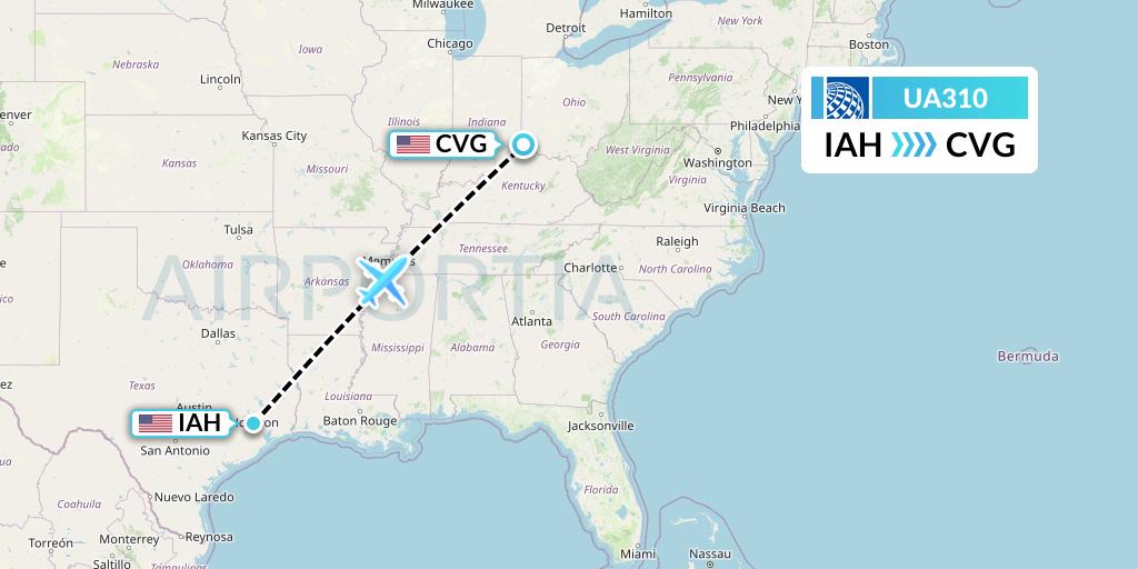 UA310 United Airlines Flight Map: Houston to Cincinnati