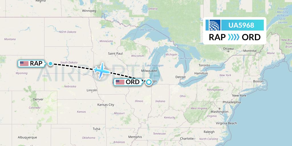 UA5968 United Airlines Flight Map: Rapid City to Chicago