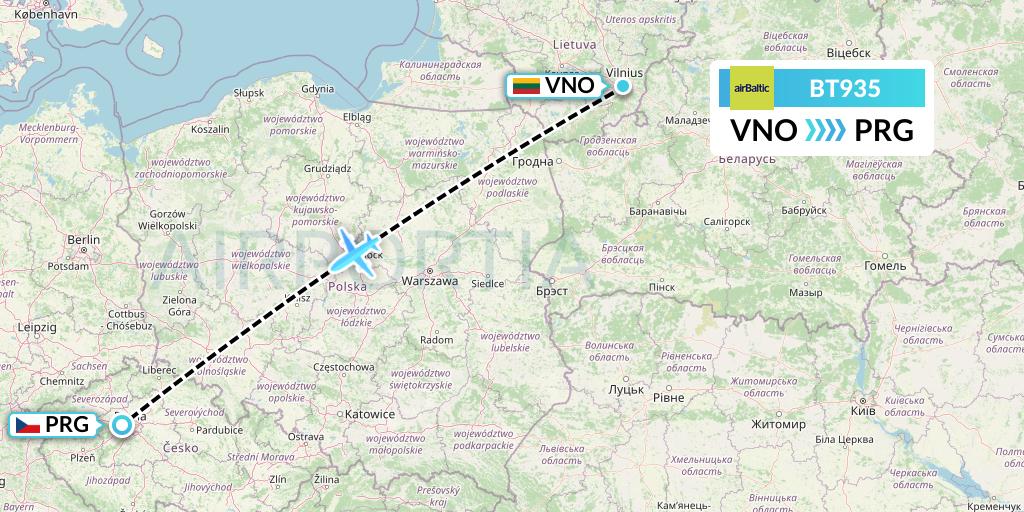 BT935 Air Baltic Flight Map: Vilnius to Prague