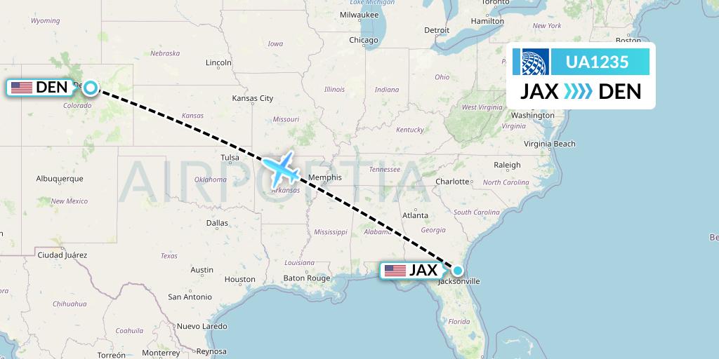 UA1235 United Airlines Flight Map: Jacksonville to Denver