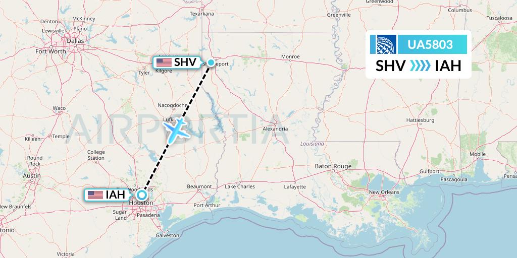 UA5803 United Airlines Flight Map: Shreveport to Houston