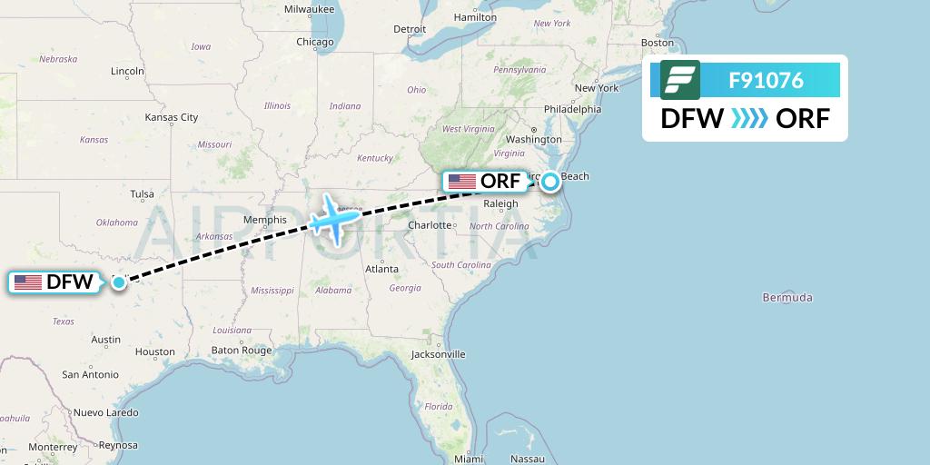 F91076 Frontier Airlines Flight Map: Dallas to Norfolk