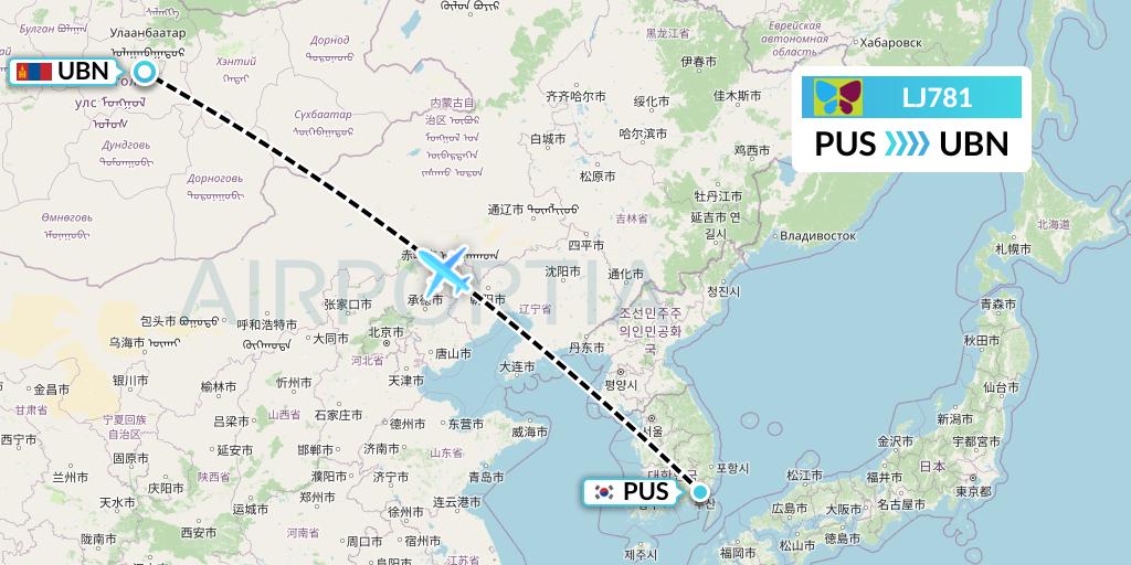 LJ781 Jin Air Flight Map: Busan to Ulan Bator