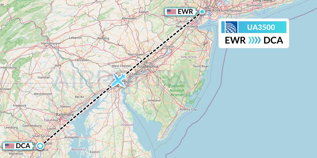 UA3500 United Airlines Flight Map: New York to Washington