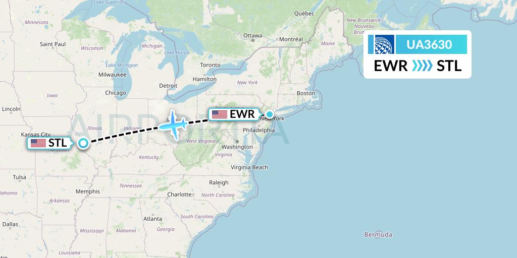 UA3630 United Airlines Flight Map: New York to St. Louis