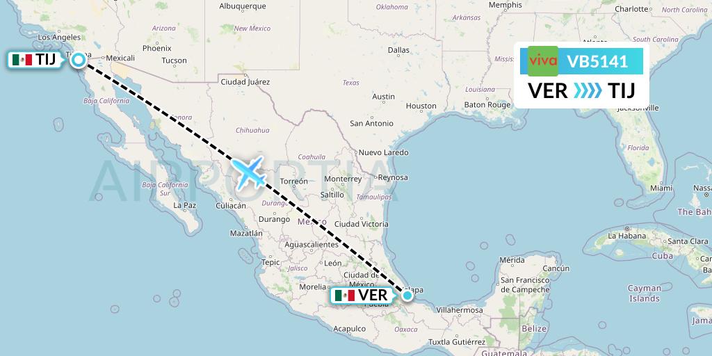 VB5141 VivaAerobus Flight Map: Veracruz to Tijuana