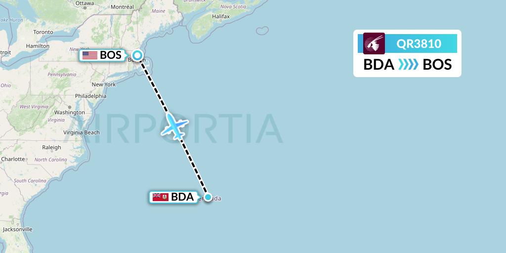 QR3810 Qatar Airways Flight Map: Bermuda to Boston