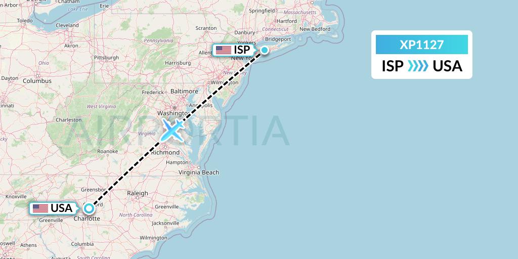 XP1127 Avelo Airlines Flight Map: Islip to Concord