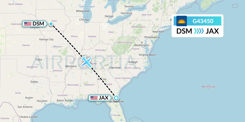G43450 Allegiant Air Flight Map: Des Moines to Jacksonville