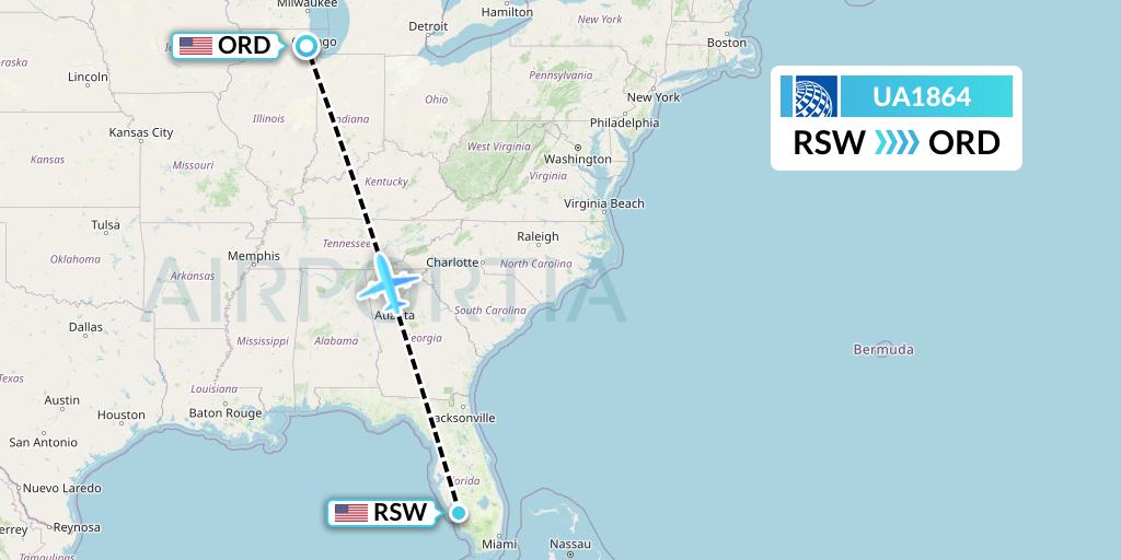 UA1864 United Airlines Flight Map: Fort Myers to Chicago