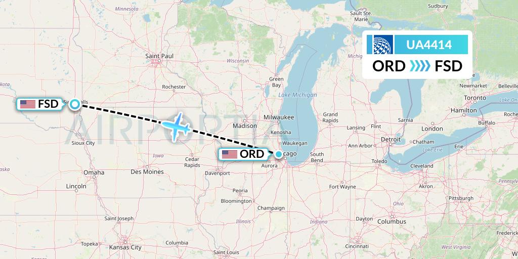 UA4414 United Airlines Flight Map: Chicago to Sioux Falls