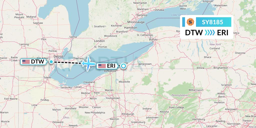 SY8185 Sun Country Airlines Flight Map: Detroit to Erie