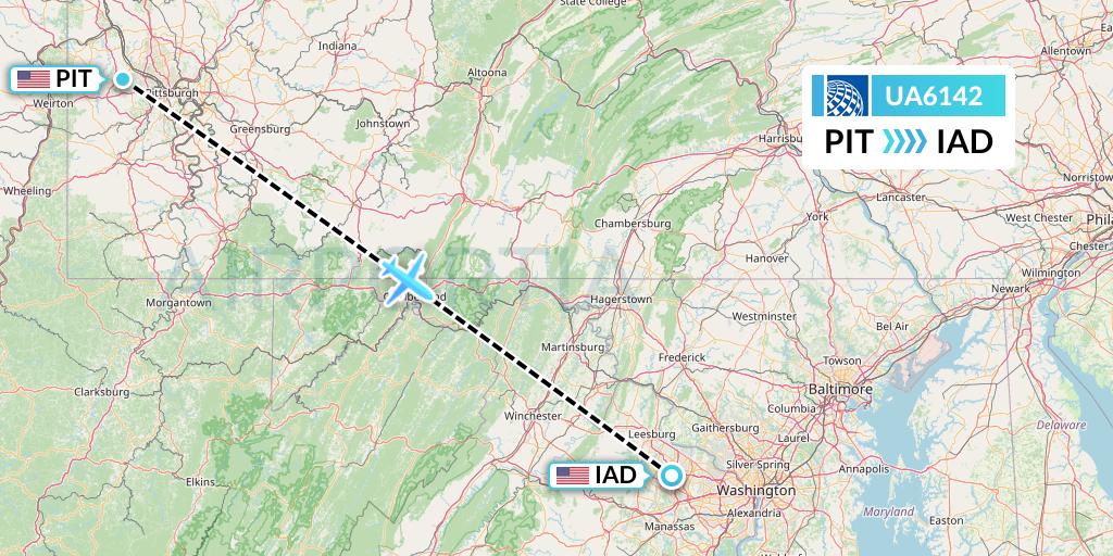UA6142 United Airlines Flight Map: Pittsburgh to Washington