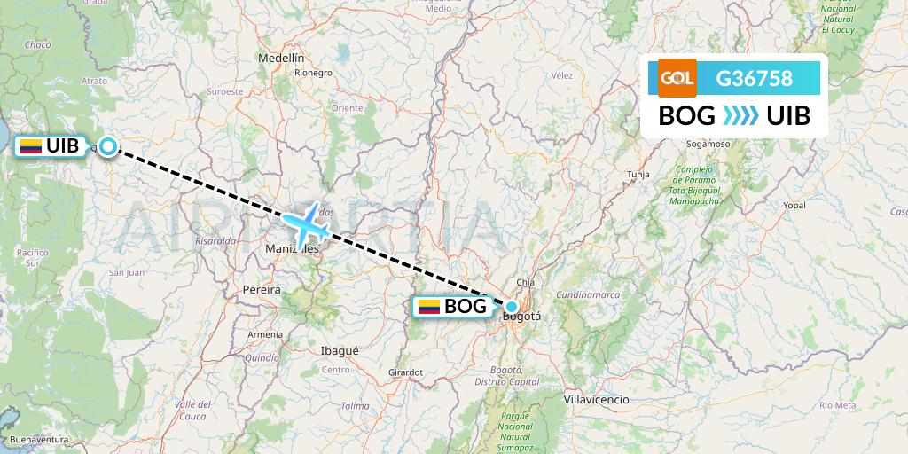 G36758 GOL Transportes Aeros Flight Map: Bogota to Quibdo