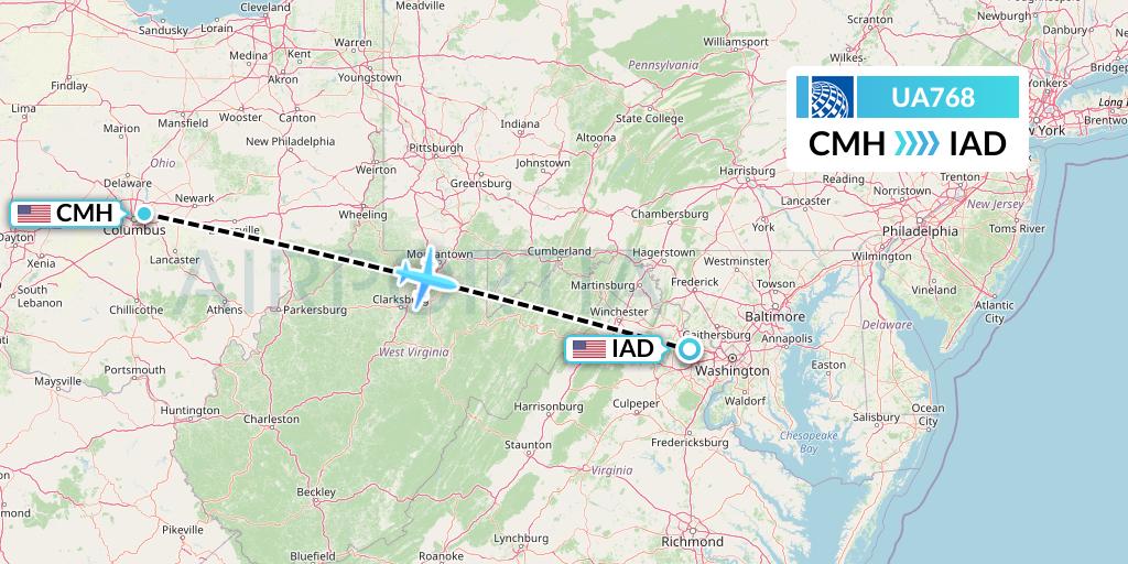 UA768 United Airlines Flight Map: Columbus to Washington