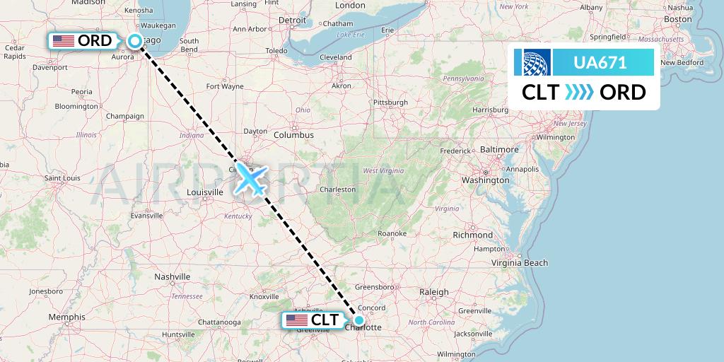 UA671 United Airlines Flight Map: Charlotte to Chicago