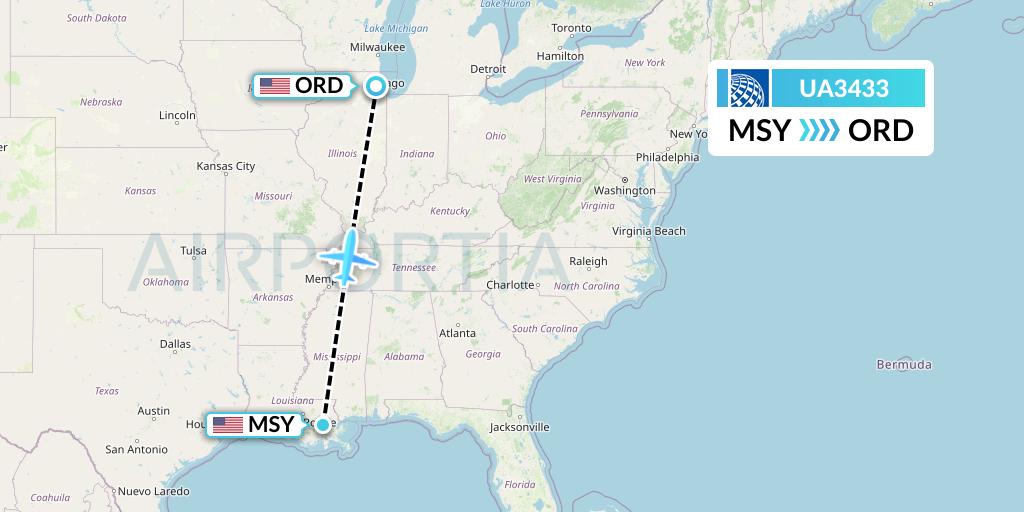UA3433 United Airlines Flight Map: New Orleans to Chicago