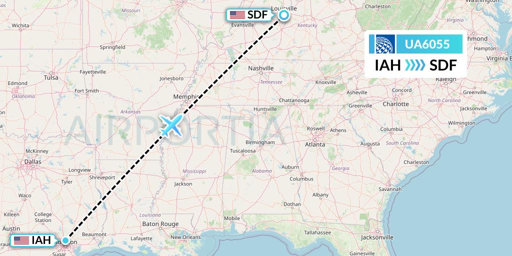 UA6055 United Airlines Flight Map: Houston to Louisville