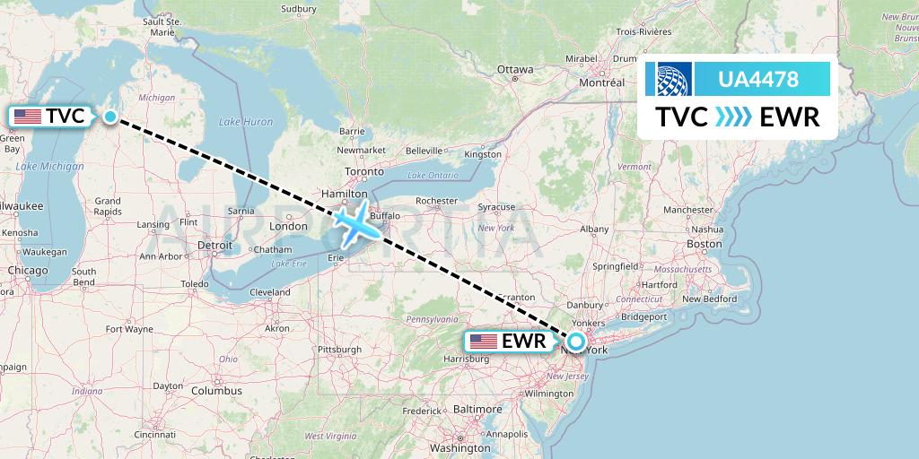 UA4478 United Airlines Flight Map: Traverse City to New York