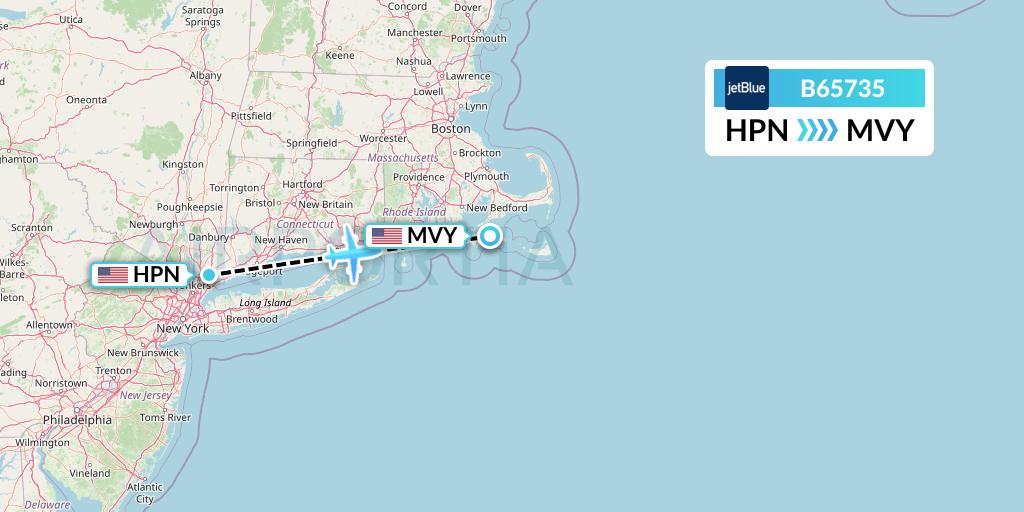 B65735 JetBlue Airways Flight Map: White Plains to Martha's Vineyard